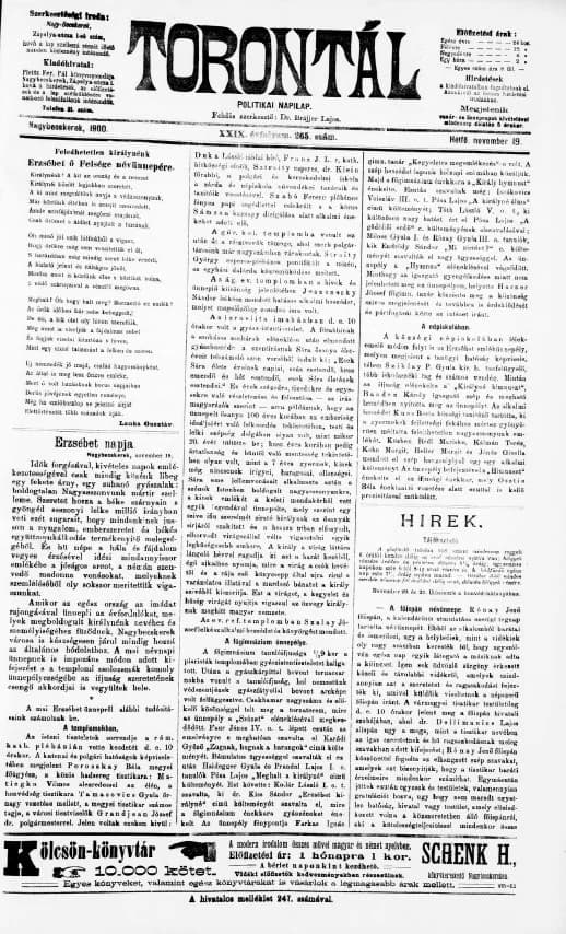 Torontál, 29. évf. 1900. november 19. 265. sz.