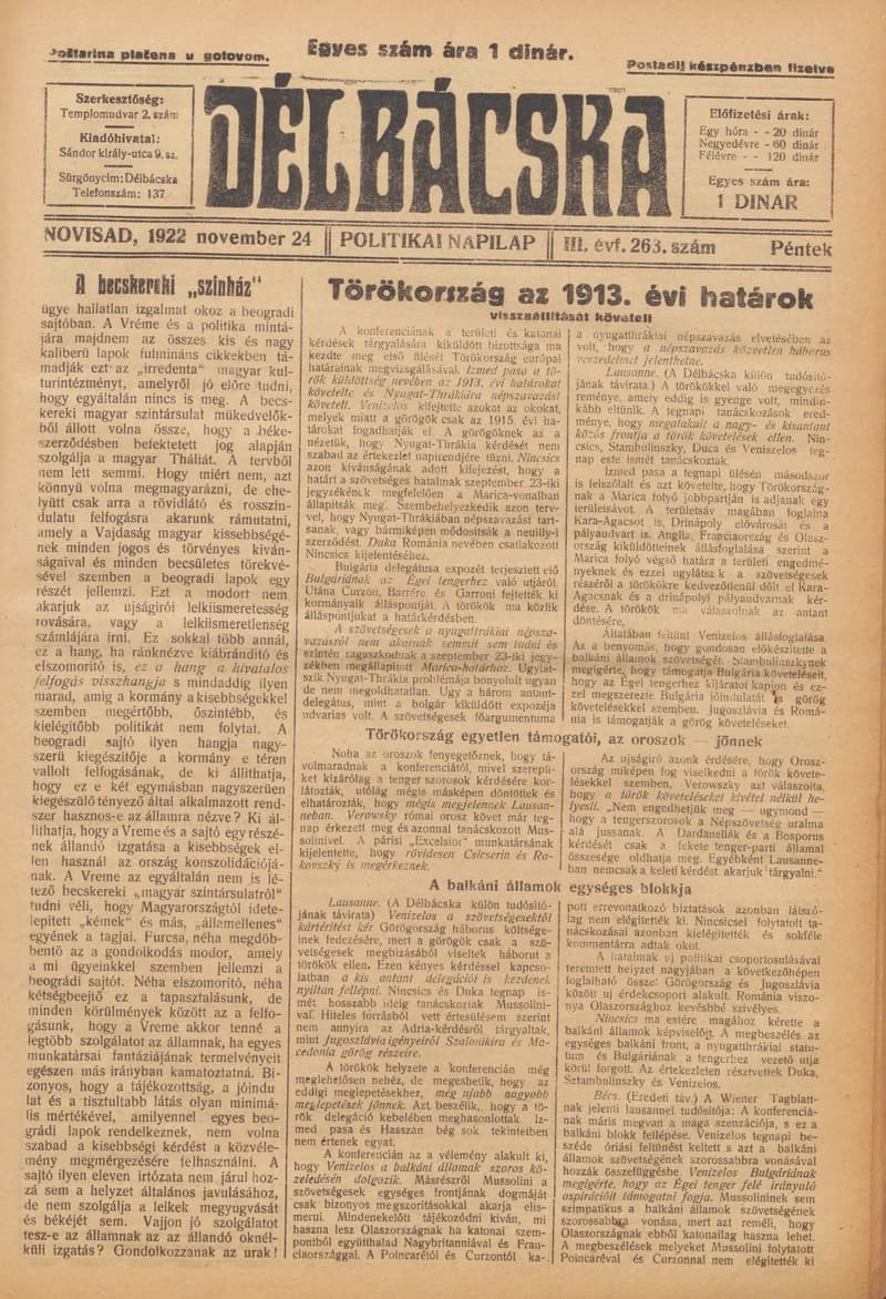 Délbácska, 3. évf. 1922. november 24. 263. sz.