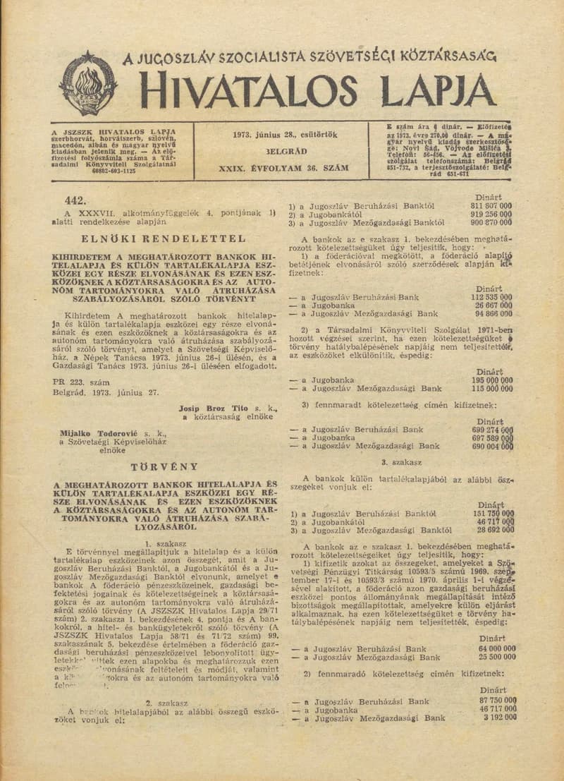 A Jugoszláv Szocialista Szövetségi Köztársaság Hivatalos Lapja, 29. évf. 1973. június 28. 36. sz. 1105–1124. oldal