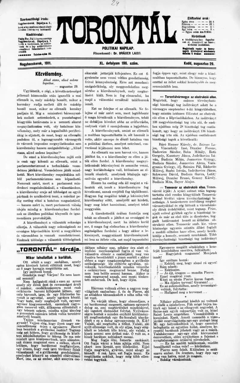 Torontál, 40. évf. 1911. augusztus 29. 196. sz.