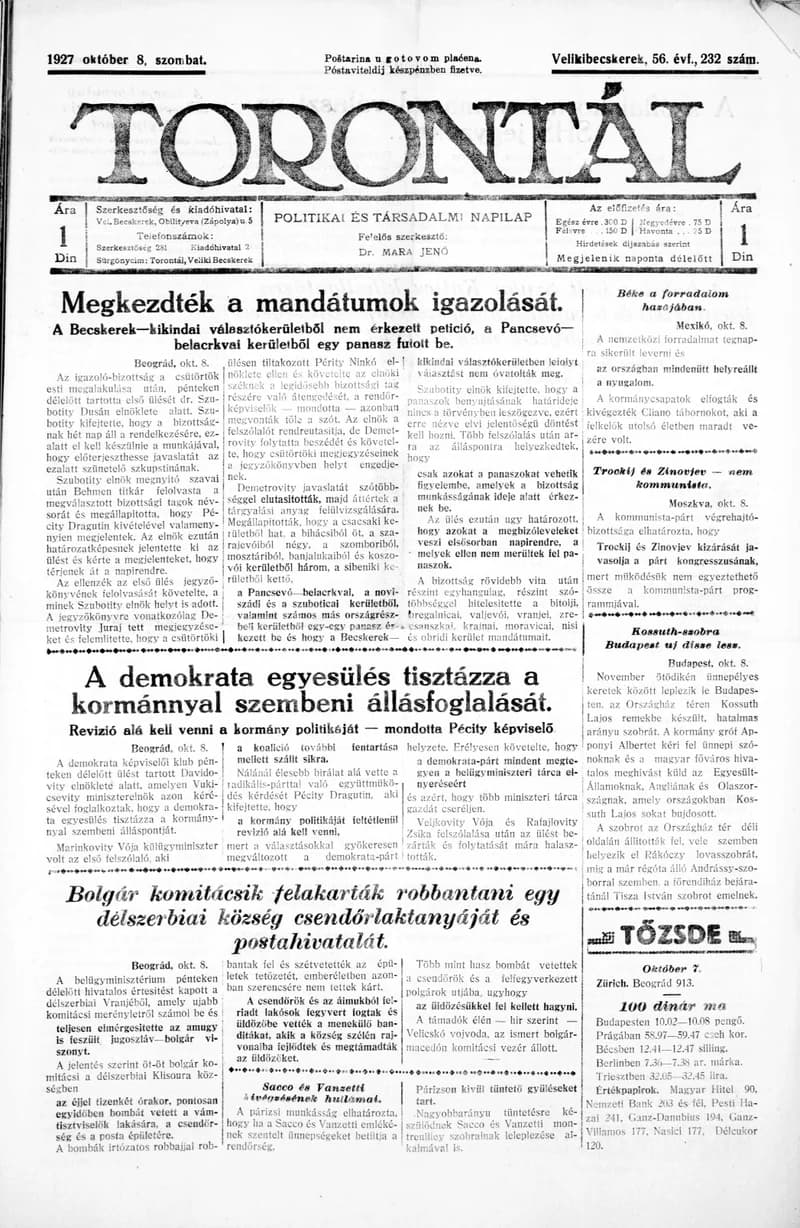 Torontál, 56. évf. 1927. október 8. 232. sz.