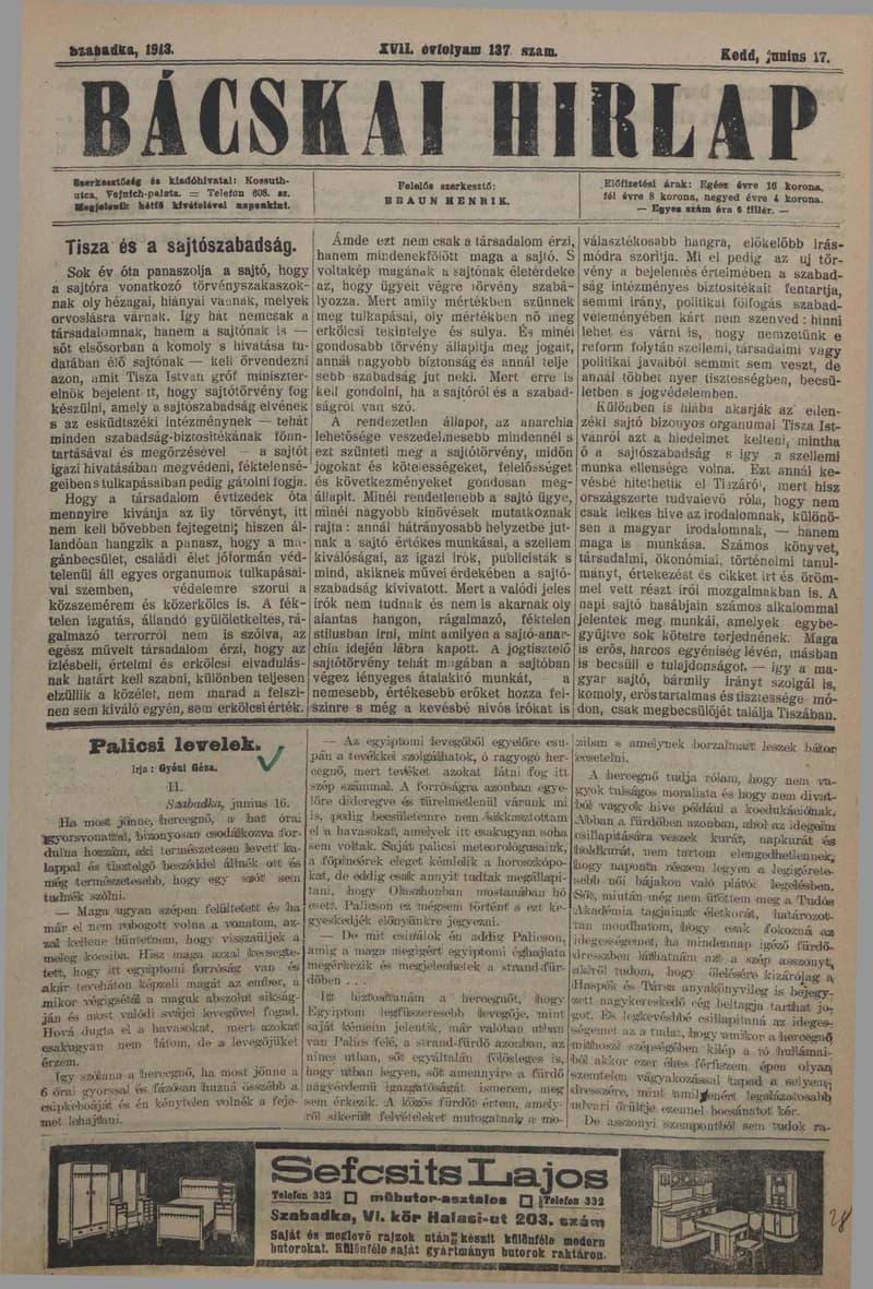 Bácskai Hirlap, 17. évf. 1913. június 17. 137. sz.