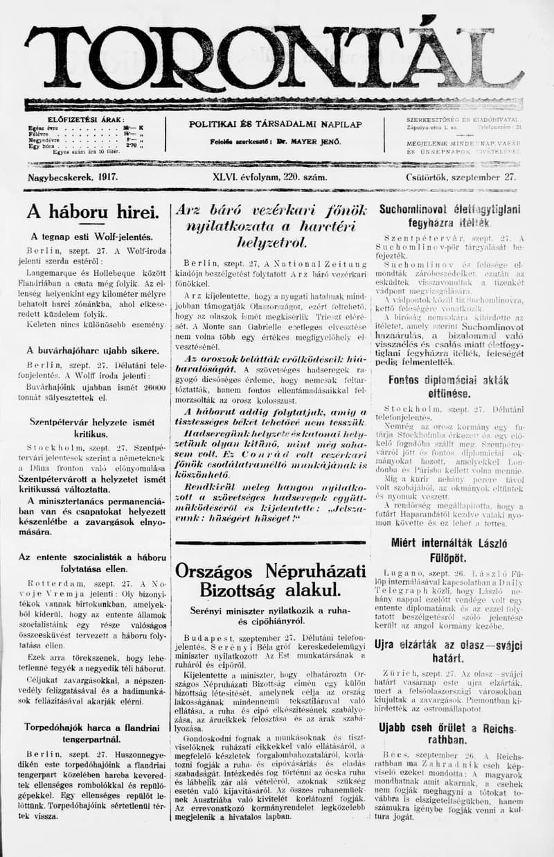 Torontál, 46. évf. 1917. szeptember 27. 220. sz.