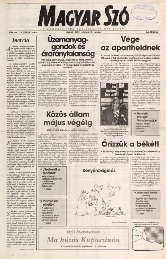 Magyar Szó, 49. évf. 1992. március 20. 78. sz. 1–20. oldal