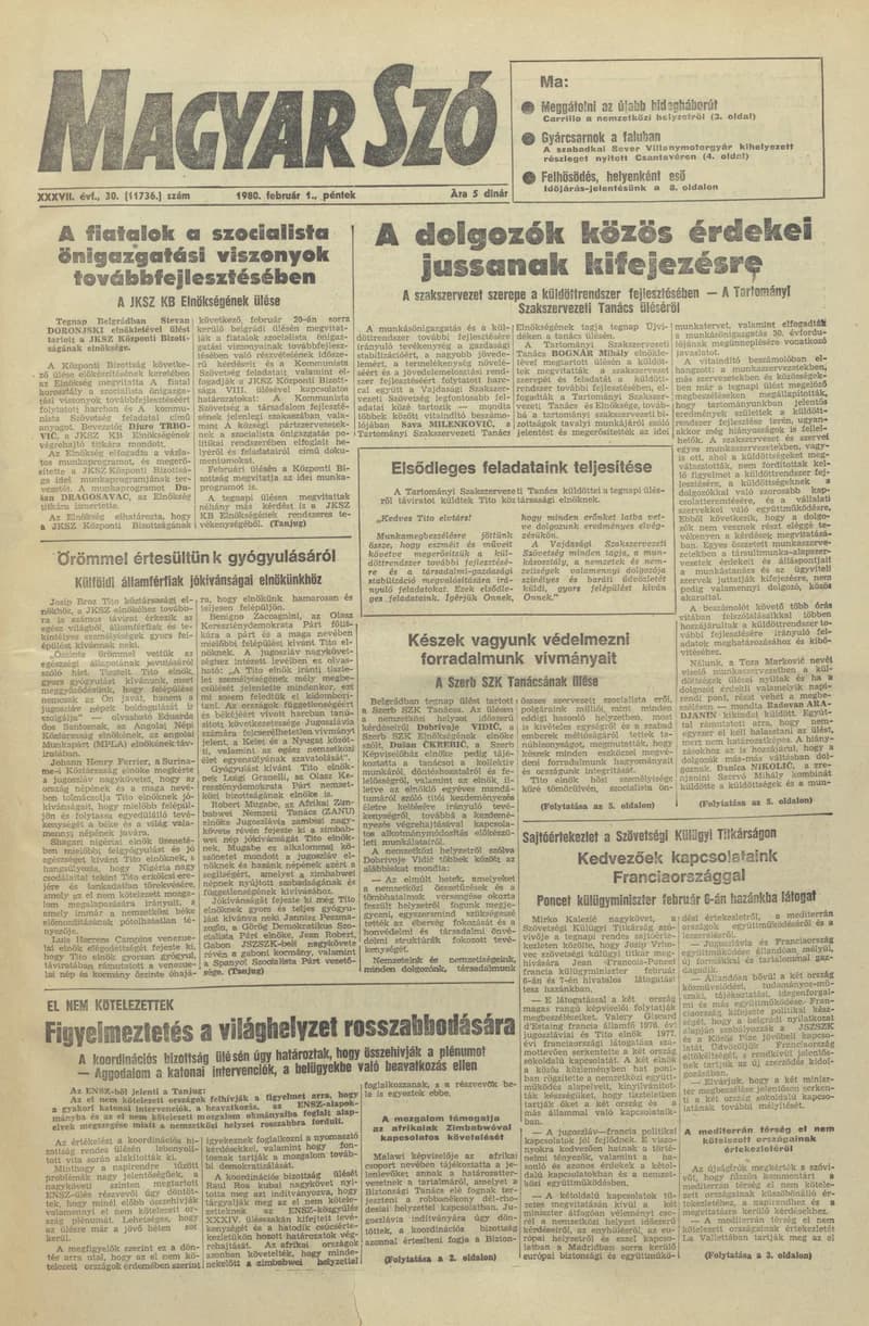 Magyar Szó, 37. évf. 1980. február 1. 30. sz. 1–20. oldal