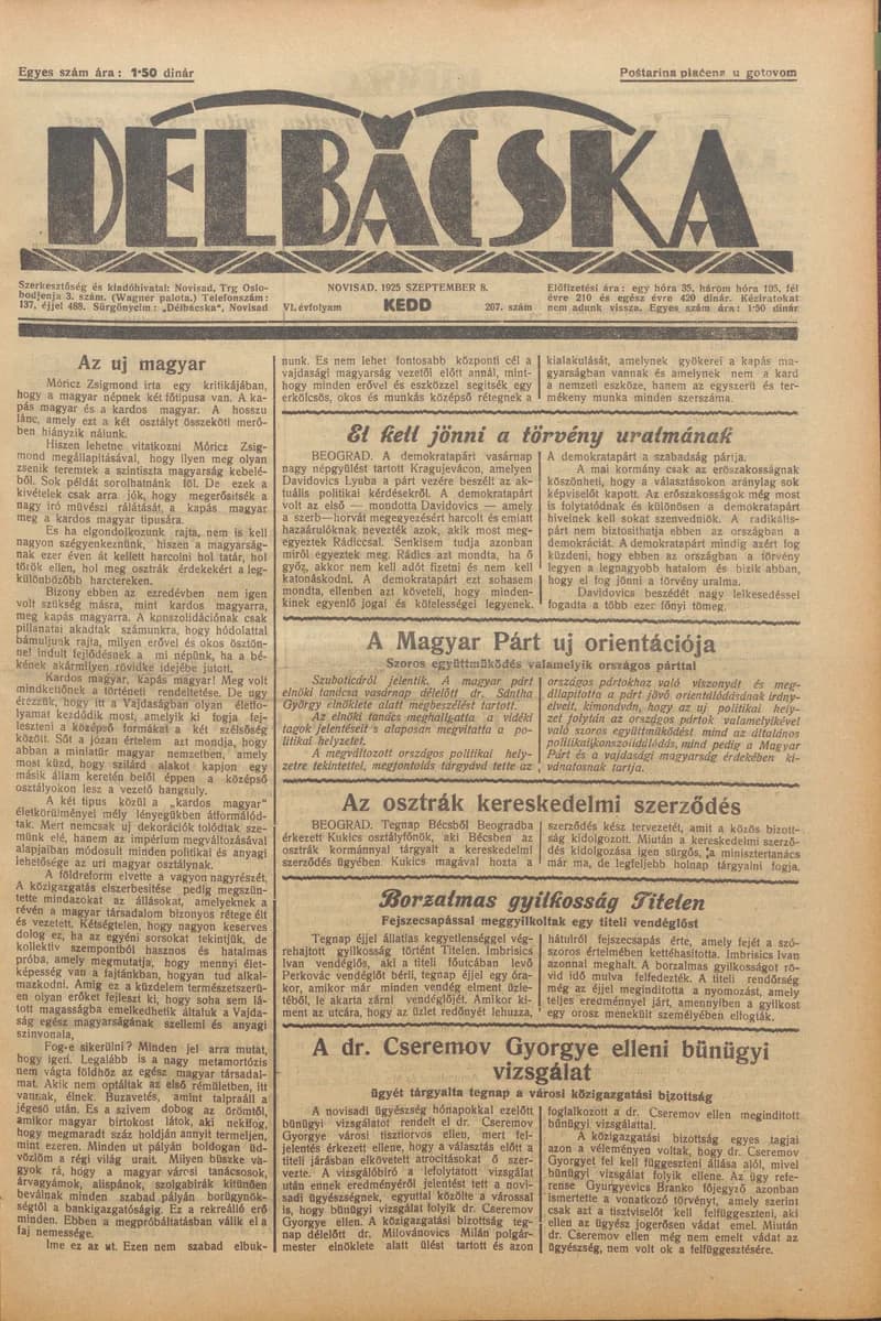 Délbácska, 6. évf. 1925. szeptember 8. 207. sz.