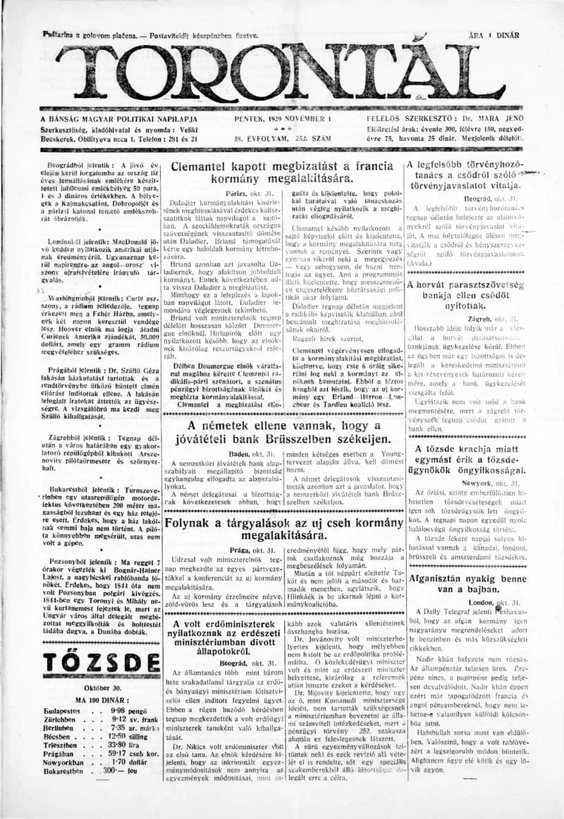 Torontál, 58. évf. 1929. november 1. 252. sz.