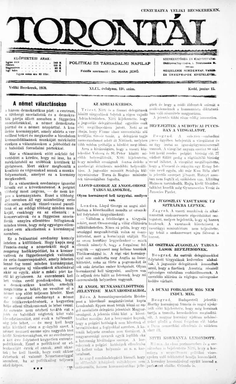 Torontál, 49. évf. 1920. június 15. 130. sz.