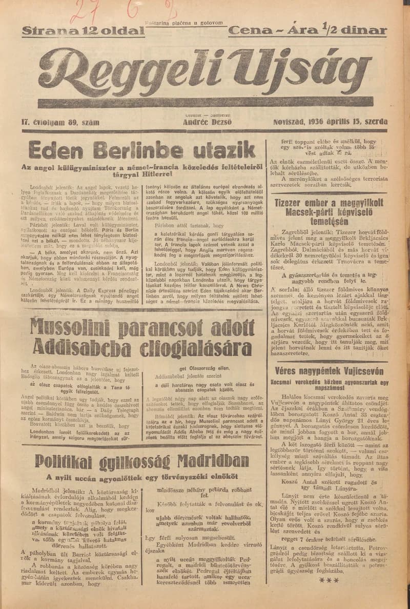 Reggeli Újság, 17. évf. 1936. április 15. 89. sz.
