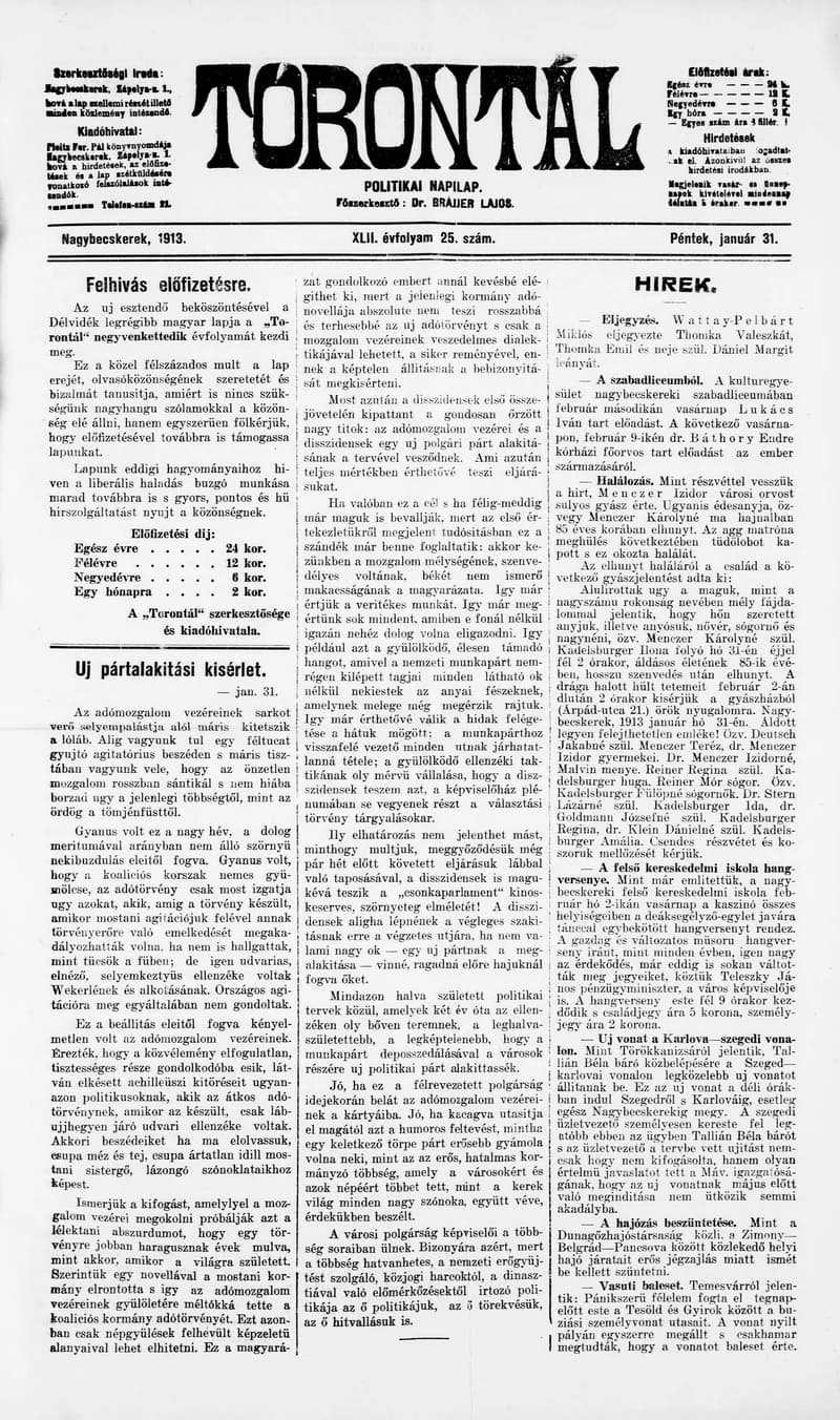 Torontál, 42. évf. 1913. január 31. 25. sz.