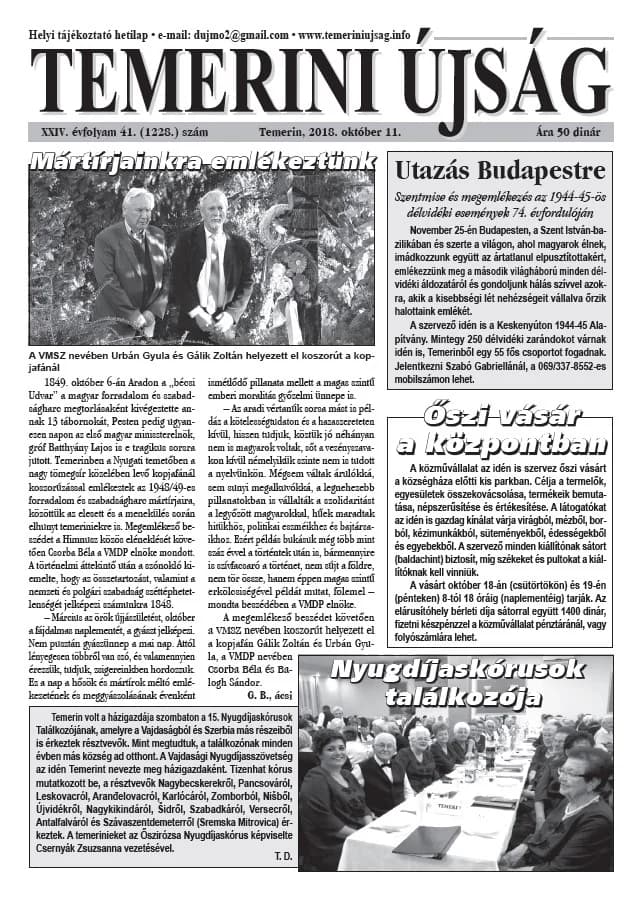 Temerini Újság, 24. évf. 2018. október 11. 41. sz.