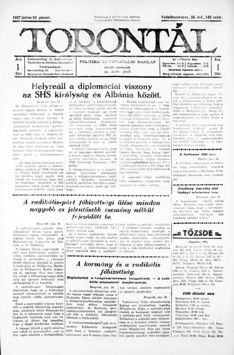 Torontál, 56. évf. 1927. június 24. 142. sz.