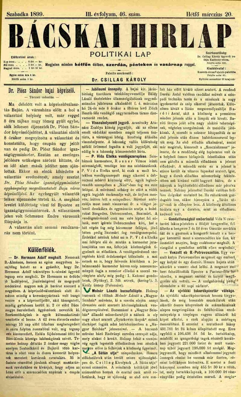 Bácskai Hirlap, 3. évf. 1899. március 20. 46. sz.
