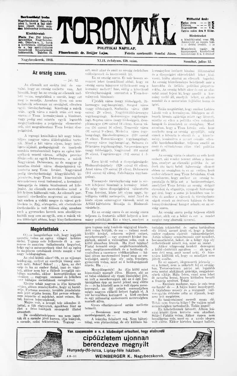 Torontál, 42. évf. 1913. július 12. 159. sz.