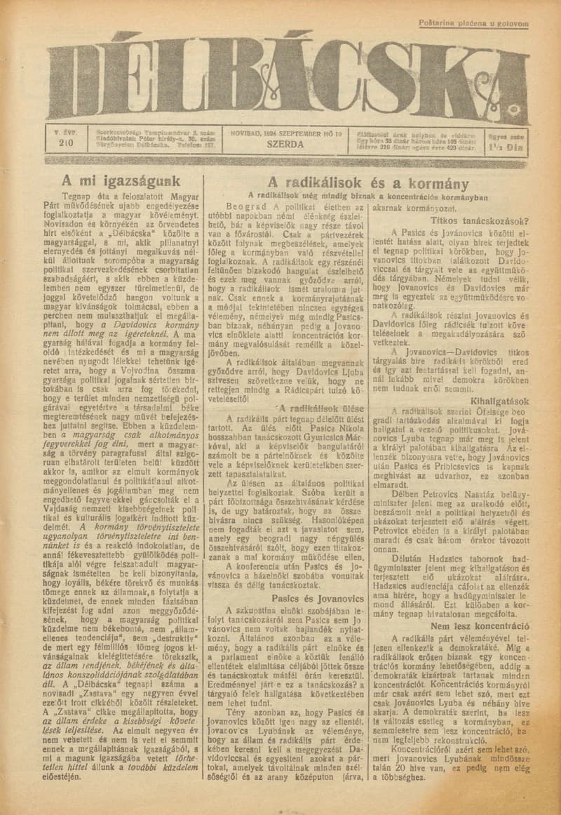 Délbácska, 5. évf. 1924. szeptember 10. 210. sz.