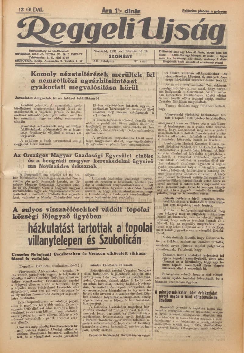 Reggeli Újság, 12. évf. 1931. február 14. 37. sz.