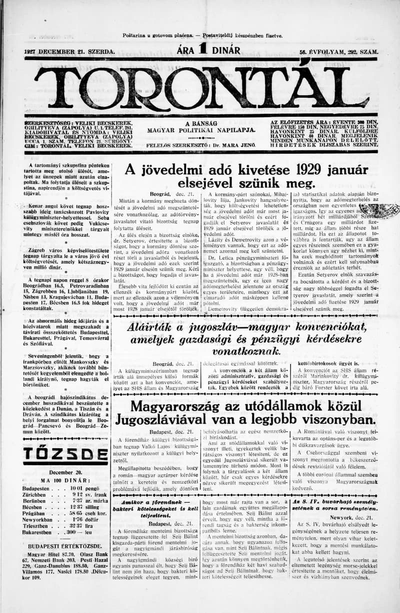 Torontál, 56. évf. 1927. december 21. 292. sz.