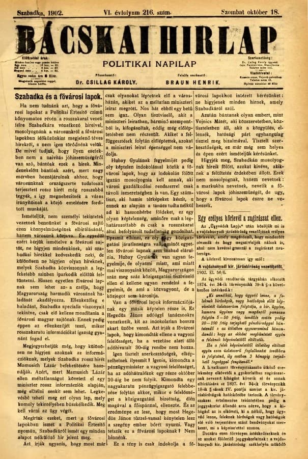 Bácskai Hirlap, 6. évf. 1902. október 18. 216. sz.