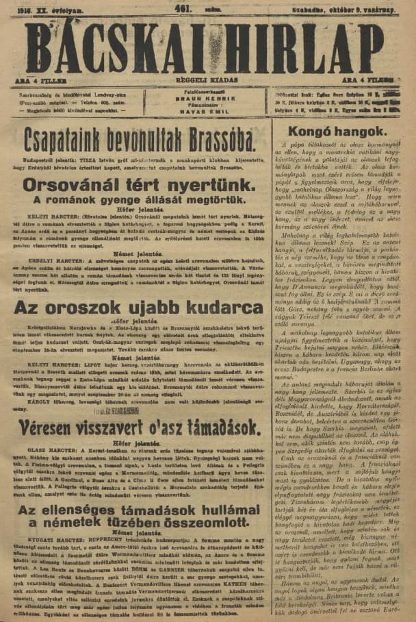 Bácskai Hirlap, 20. évf. 1916. október 9. 461. sz.