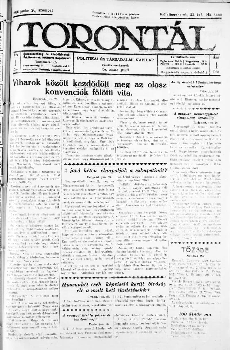 Torontál, 55. évf. 1926. június 26. 145. sz.