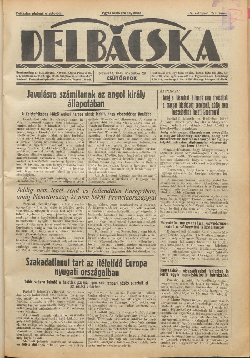Délbácska, 9. évf. 1928. november 29. 279. sz.