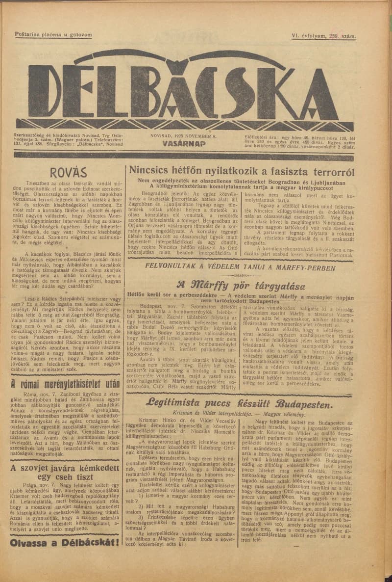 Délbácska, 6. évf. 1925. november 8. 260. sz.