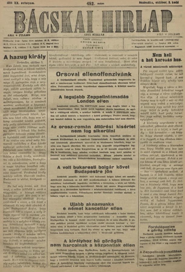 Bácskai Hirlap, 20. évf. 1916. október 3. 452. sz.