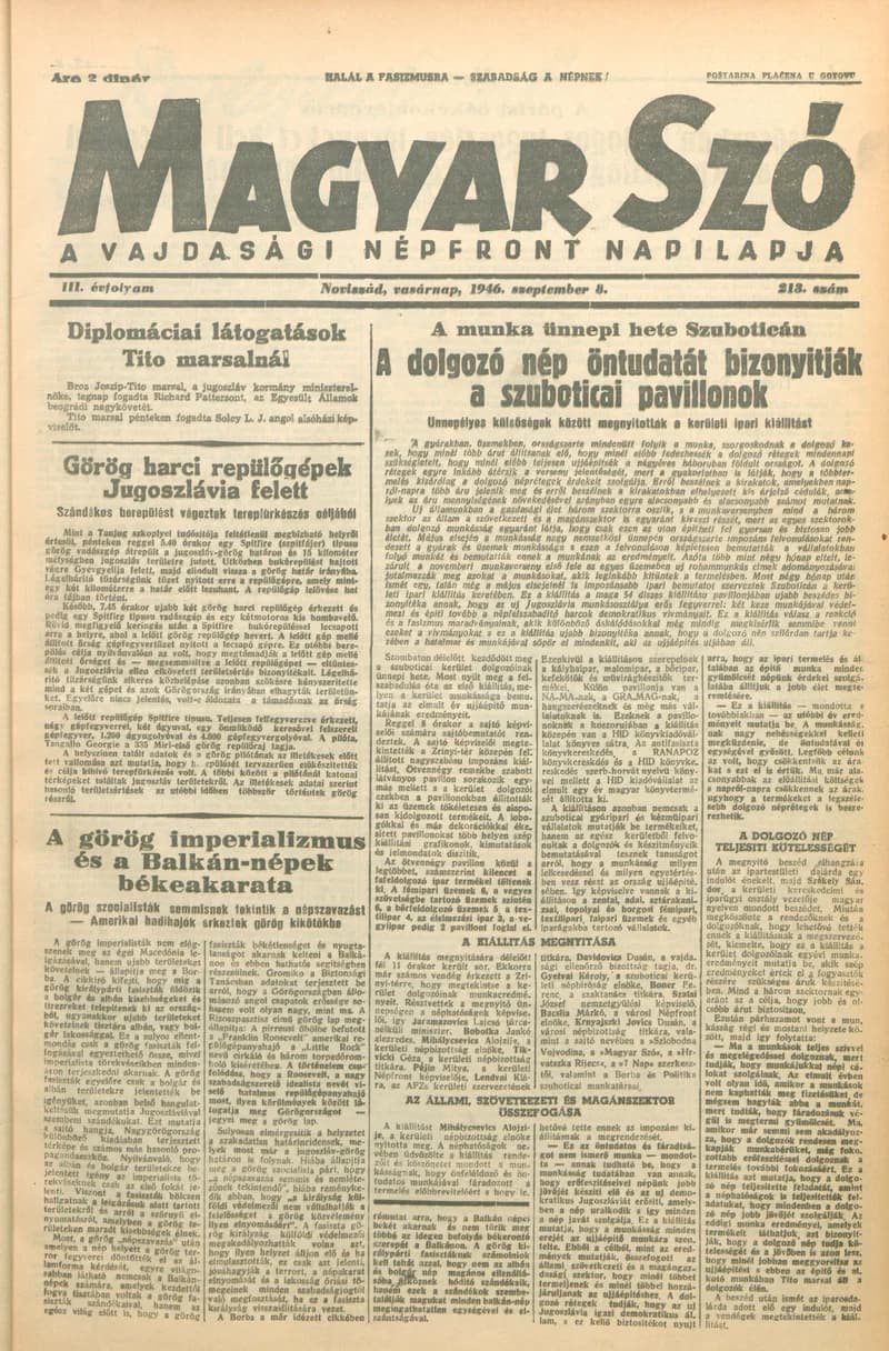 Magyar Szó, 3. évf. 1946. szeptember 8. 213. sz. 1–8. oldal