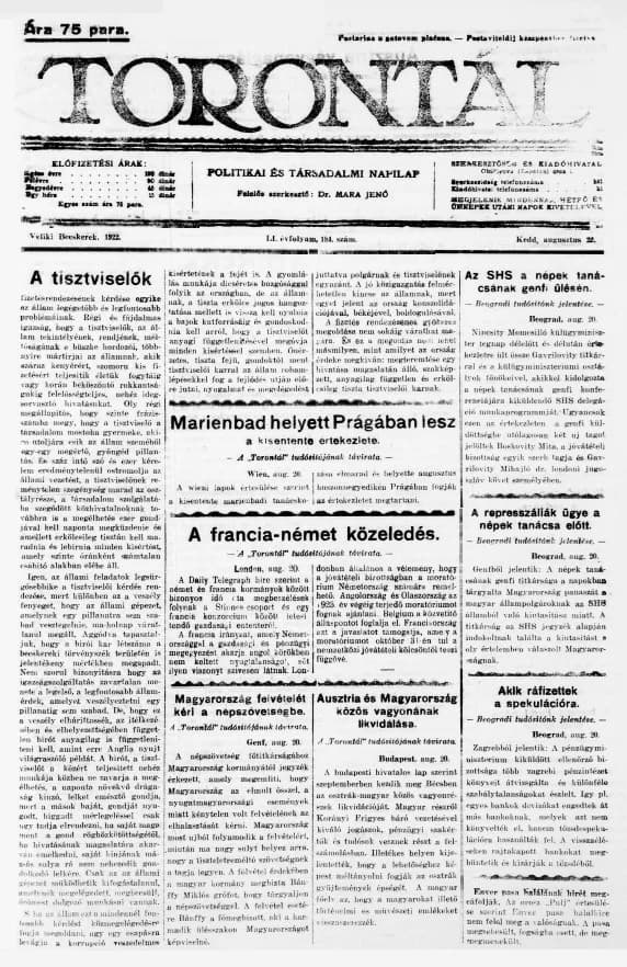 Torontál, 51. évf. 1922. augusztus 22. 184. sz.