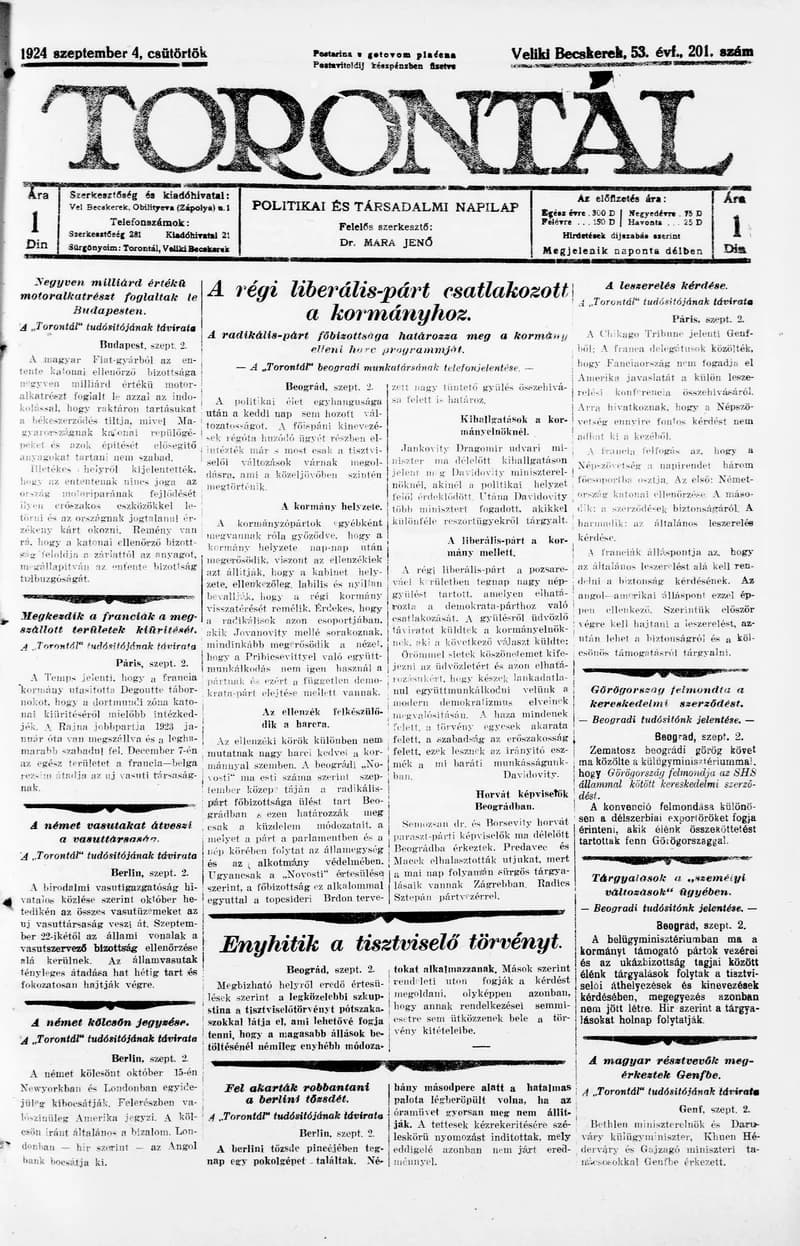 Torontál, 53. évf. 1924. szeptember 4. 201. sz.