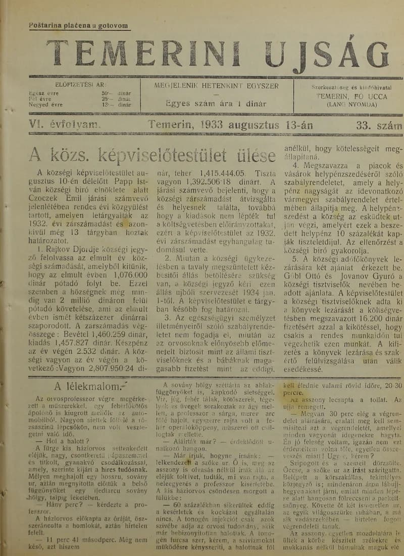Temerini Újság 1928-1944, 6. évf. 1933. augusztus 13. 33. sz.