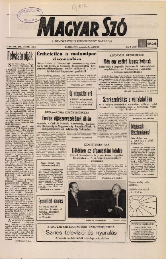Magyar Szó, 47. évf. 1990. augusztus 2. 210. sz. 1–16. oldal