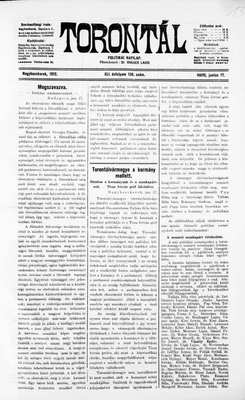 Torontál, 41. évf. 1912. június 17. 136. sz.