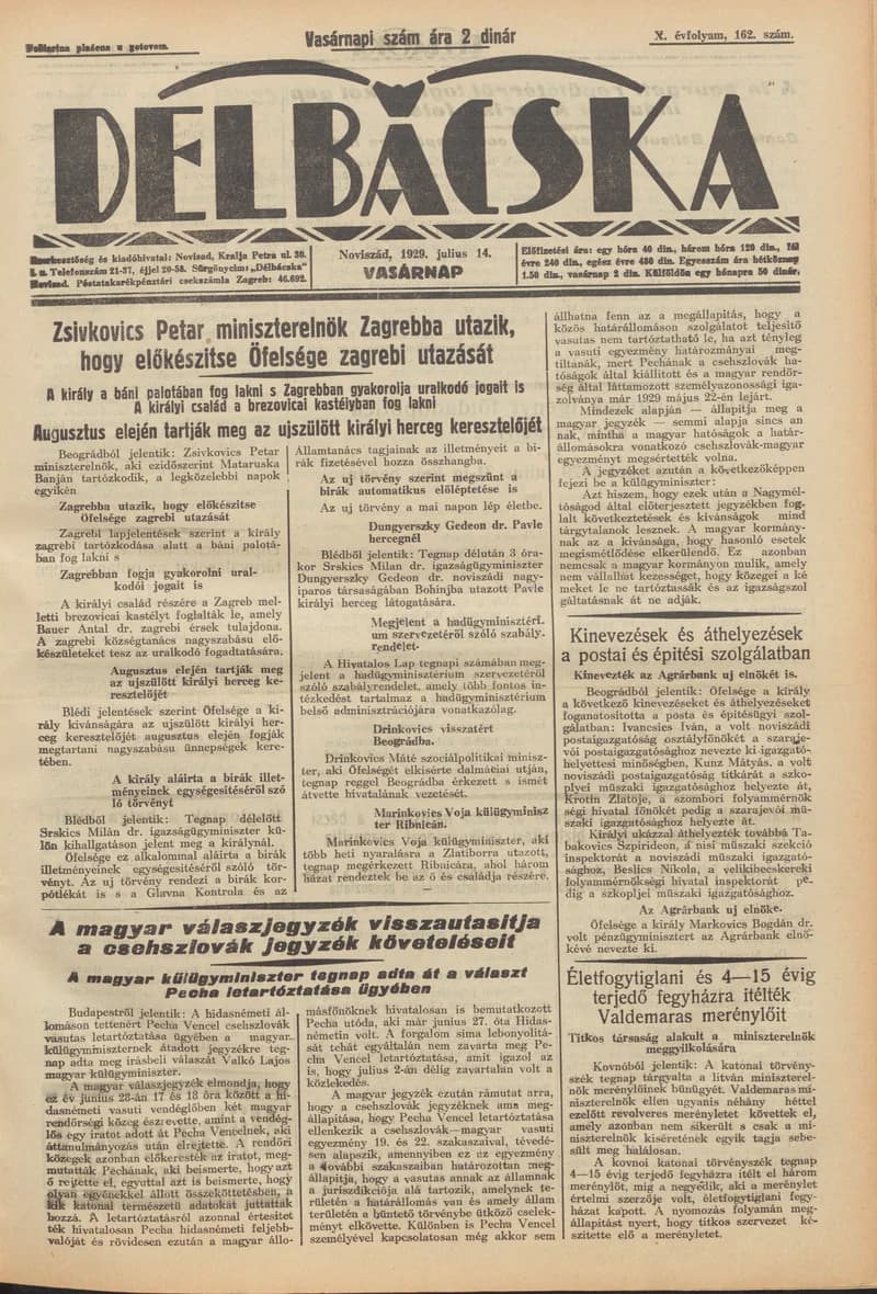 Délbácska, 10. évf. 1929. július 14. 162. sz.