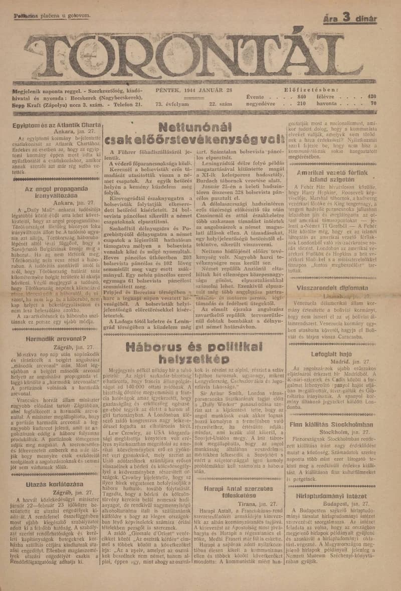 Torontál, 73. évf. 1944. január 28. 22. sz.