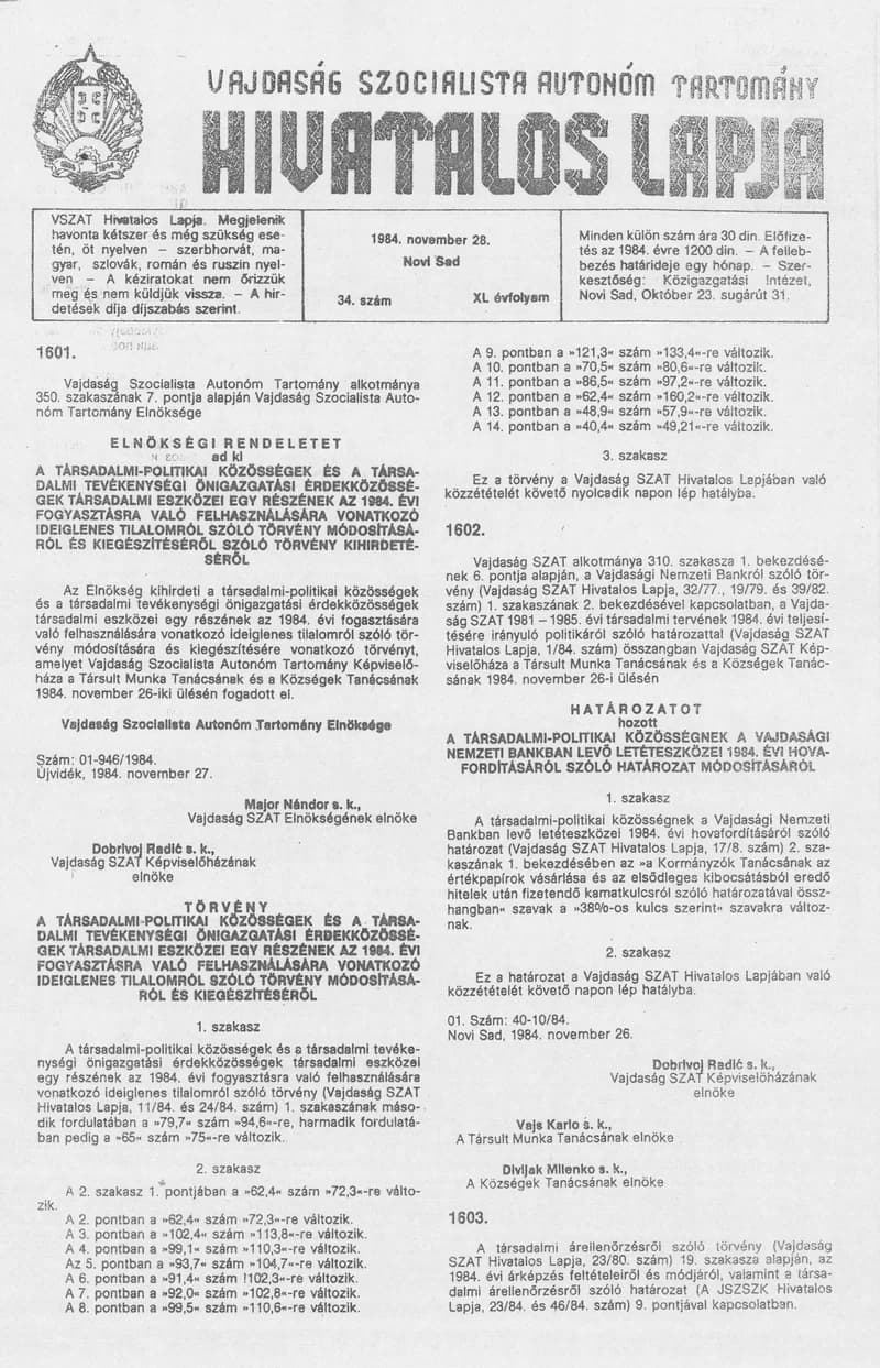 Vajdaság Szocialista Autonóm Tartomány Hivatalos Lapja, 40. évf. 1984. november 28. 34. sz.