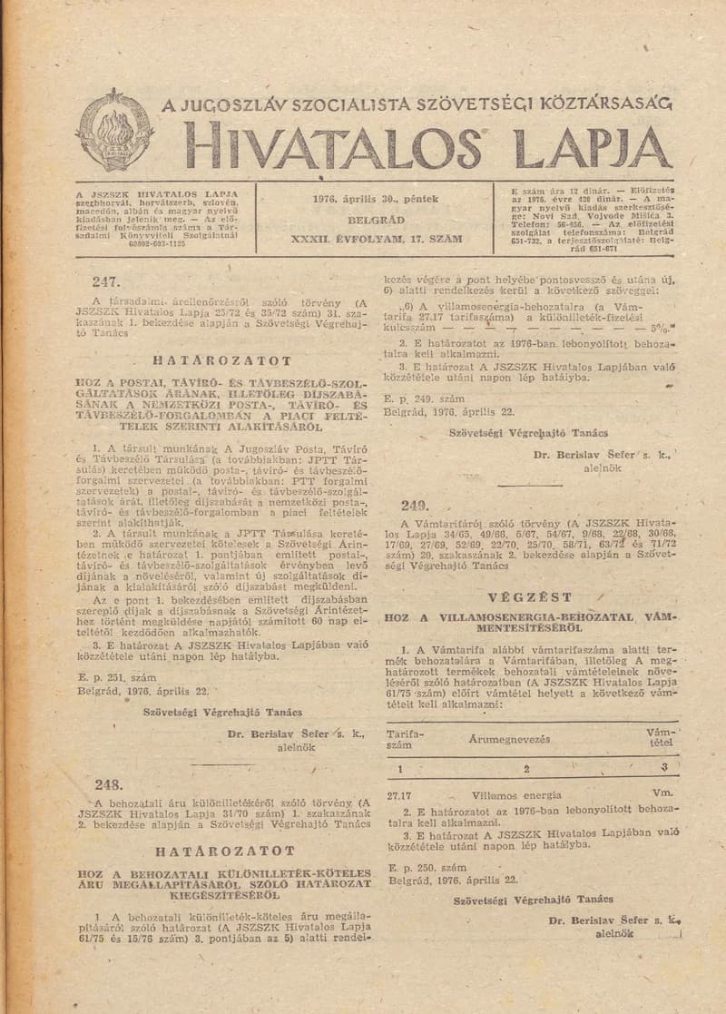 A Jugoszláv Szocialista Szövetségi Köztársaság Hivatalos Lapja, 32. évf. 1976. április 30. 17. sz. 441–456. oldal