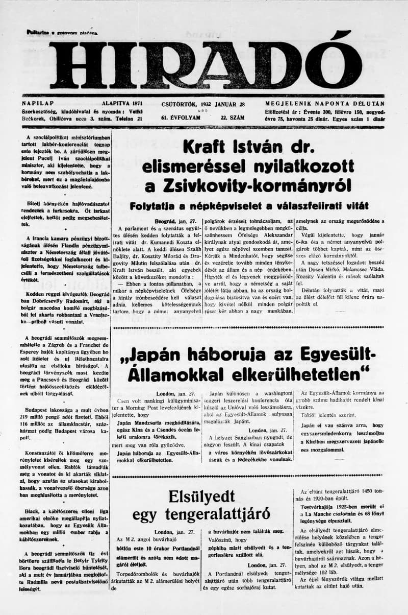 Híradó, 61. évf. 1932. január 28. 22. sz.
