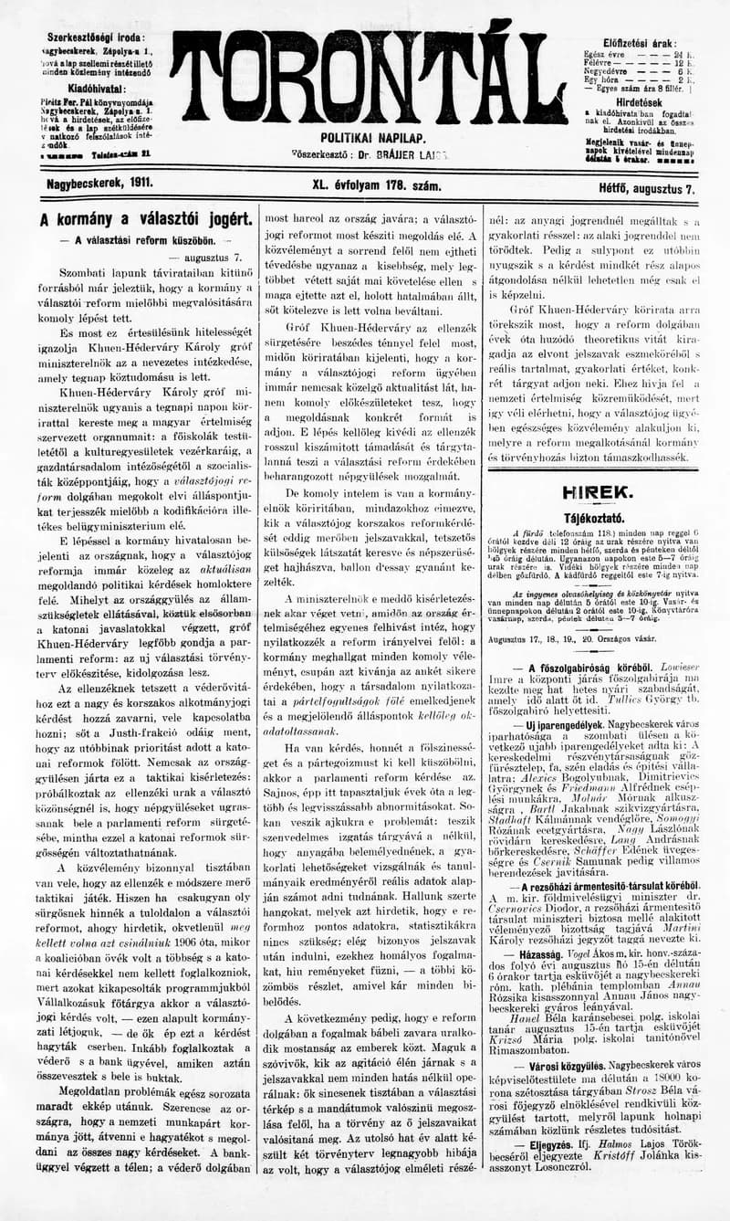 Torontál, 40. évf. 1911. augusztus 7. 178. sz.