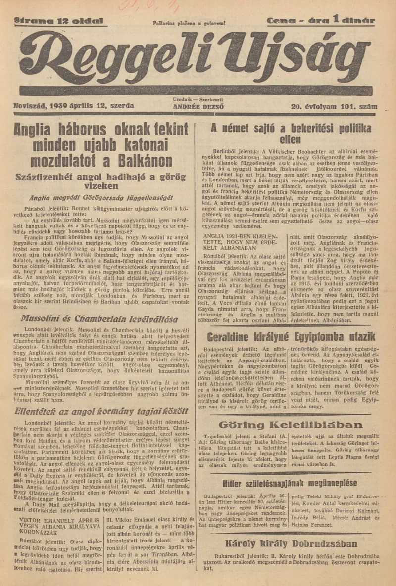 Reggeli Újság, 20. évf. 1939. április 12. 101. sz.