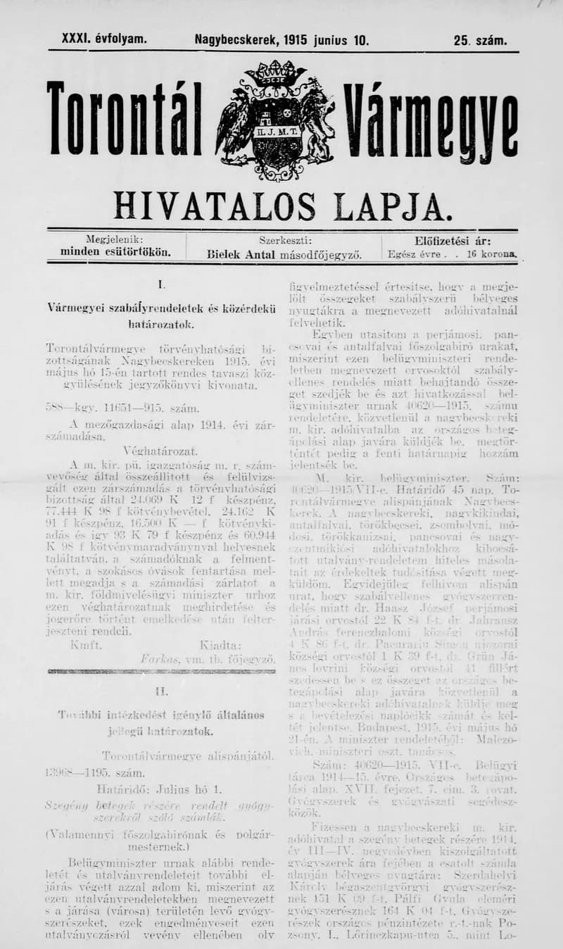 Torontál Vármegye Hivatalos Lapja, 31. évf. 1915. június 10. 25. sz.