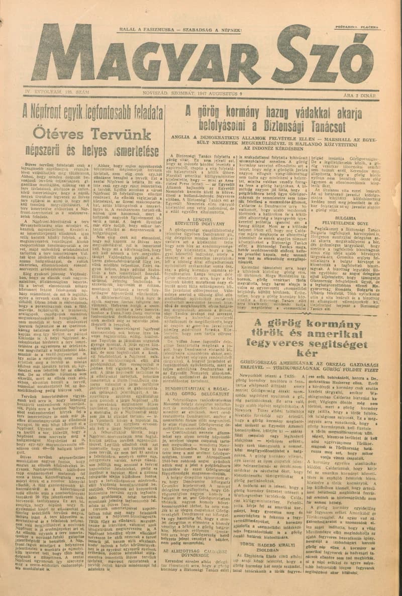 Magyar Szó, 4. évf. 1947. augusztus 9. 195. sz. 1–6. oldal