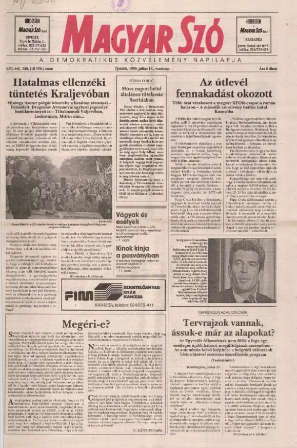 Magyar Szó, 56. évf. 1999. július 18. 158. sz. 1–24. oldal