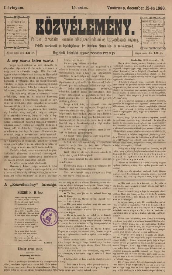 Közvélemény, 1. évf. 1886. december 12. 15. sz.
