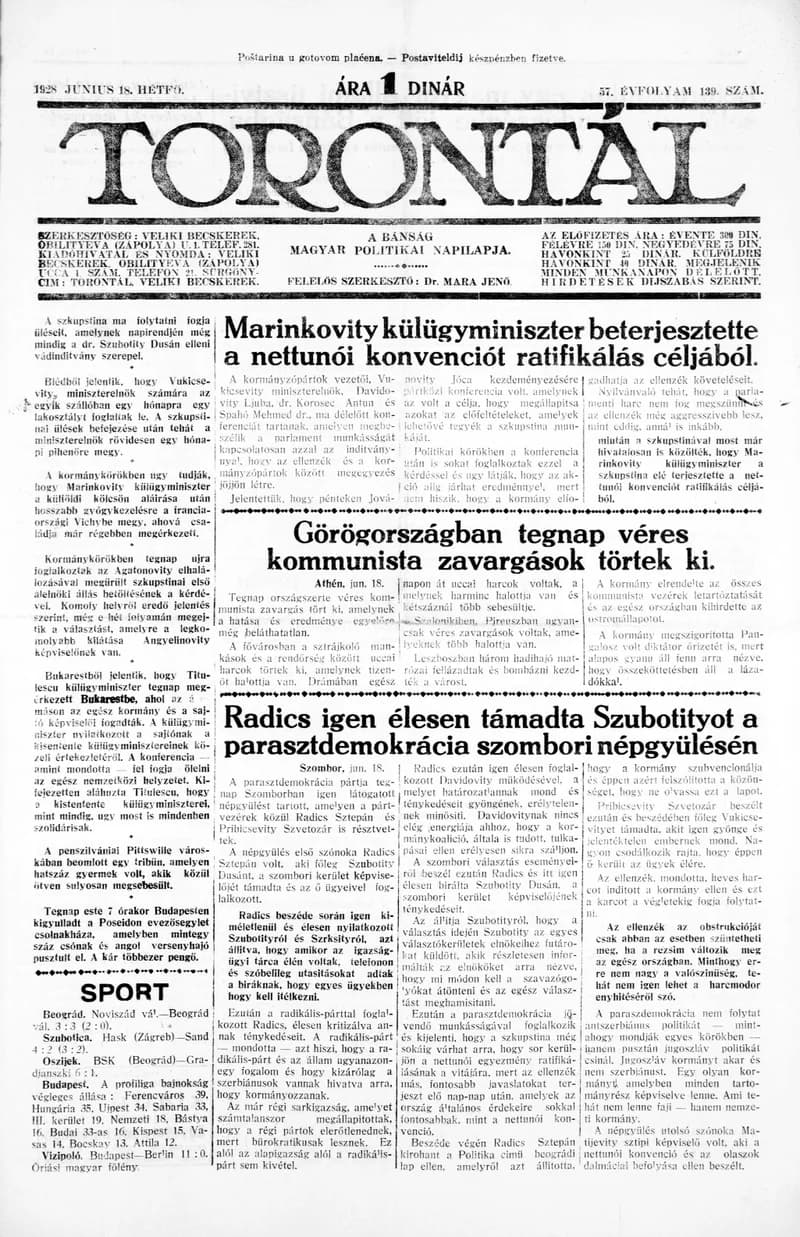 Torontál, 57. évf. 1928. június 18. 139. sz.