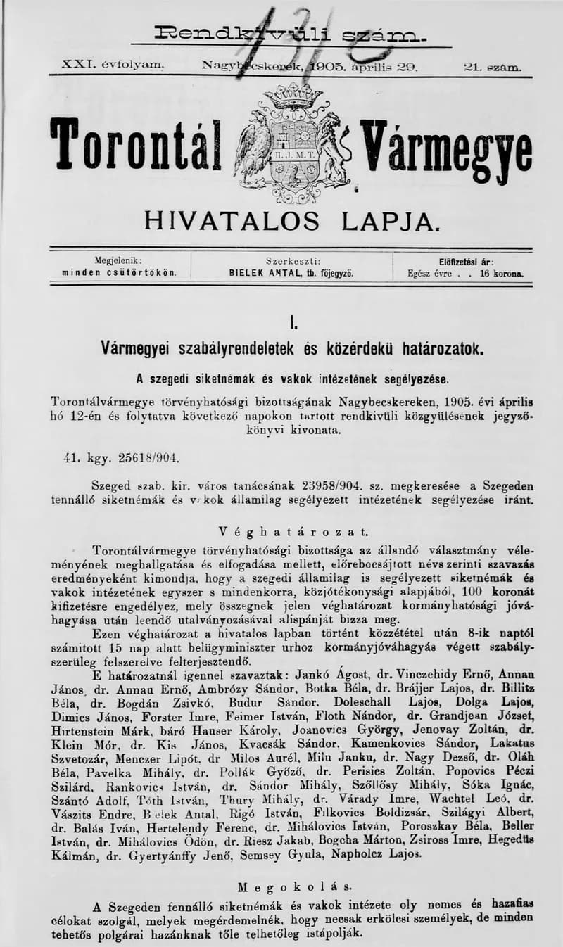 Torontál Vármegye Hivatalos Lapja, 21. évf. 1905. április 29. 21. sz.