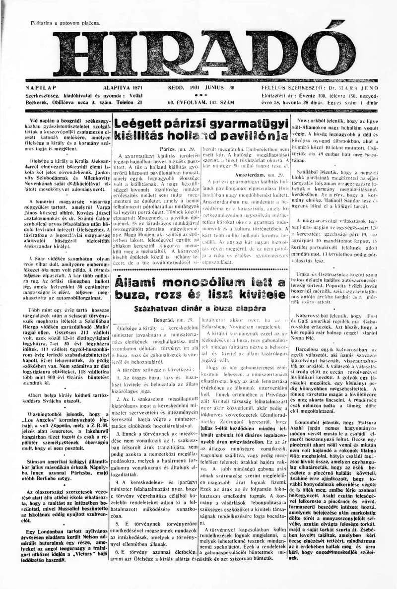 Híradó, 60. évf. 1931. június 30. 147. sz.