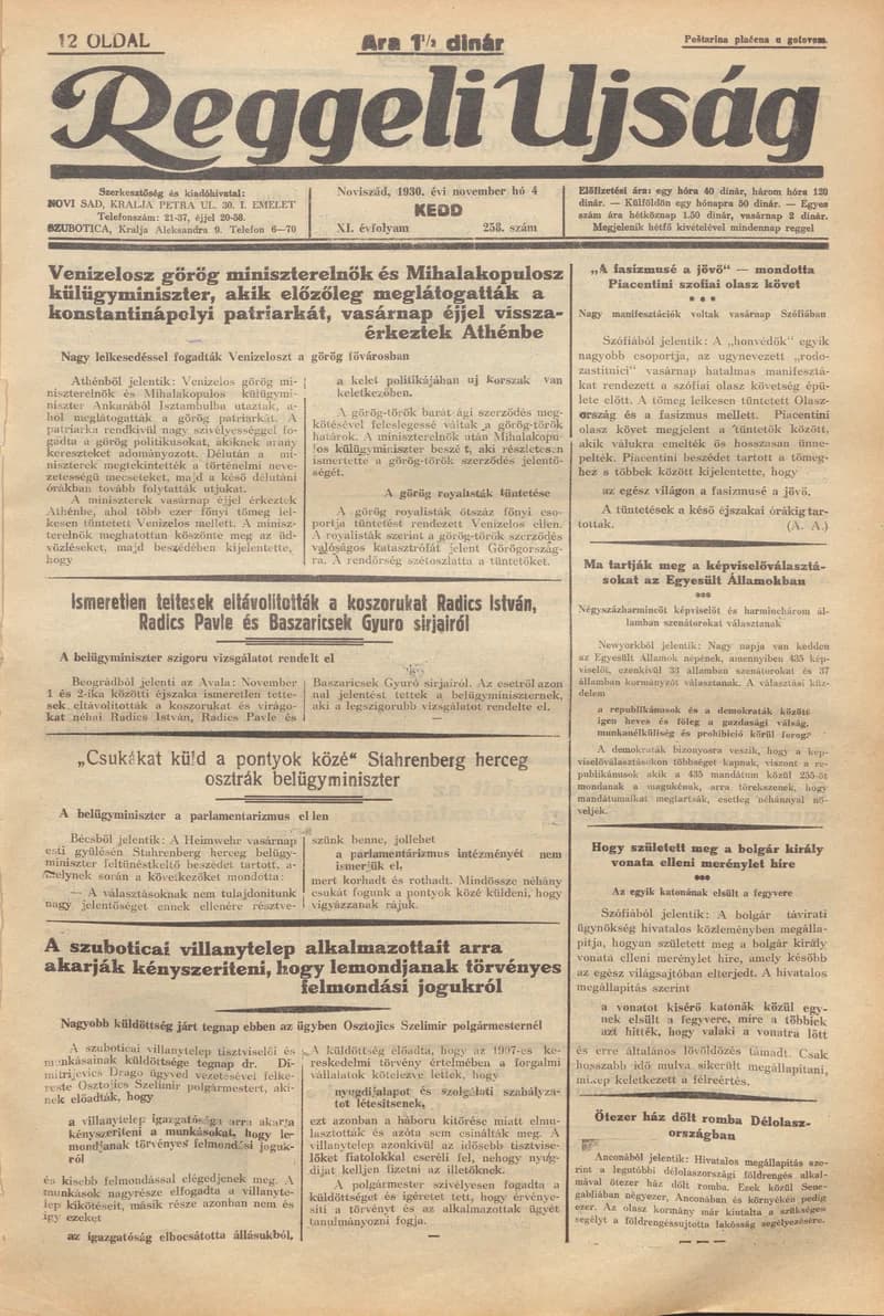 Reggeli Újság, 11. évf. 1930. november 4. 258. sz.