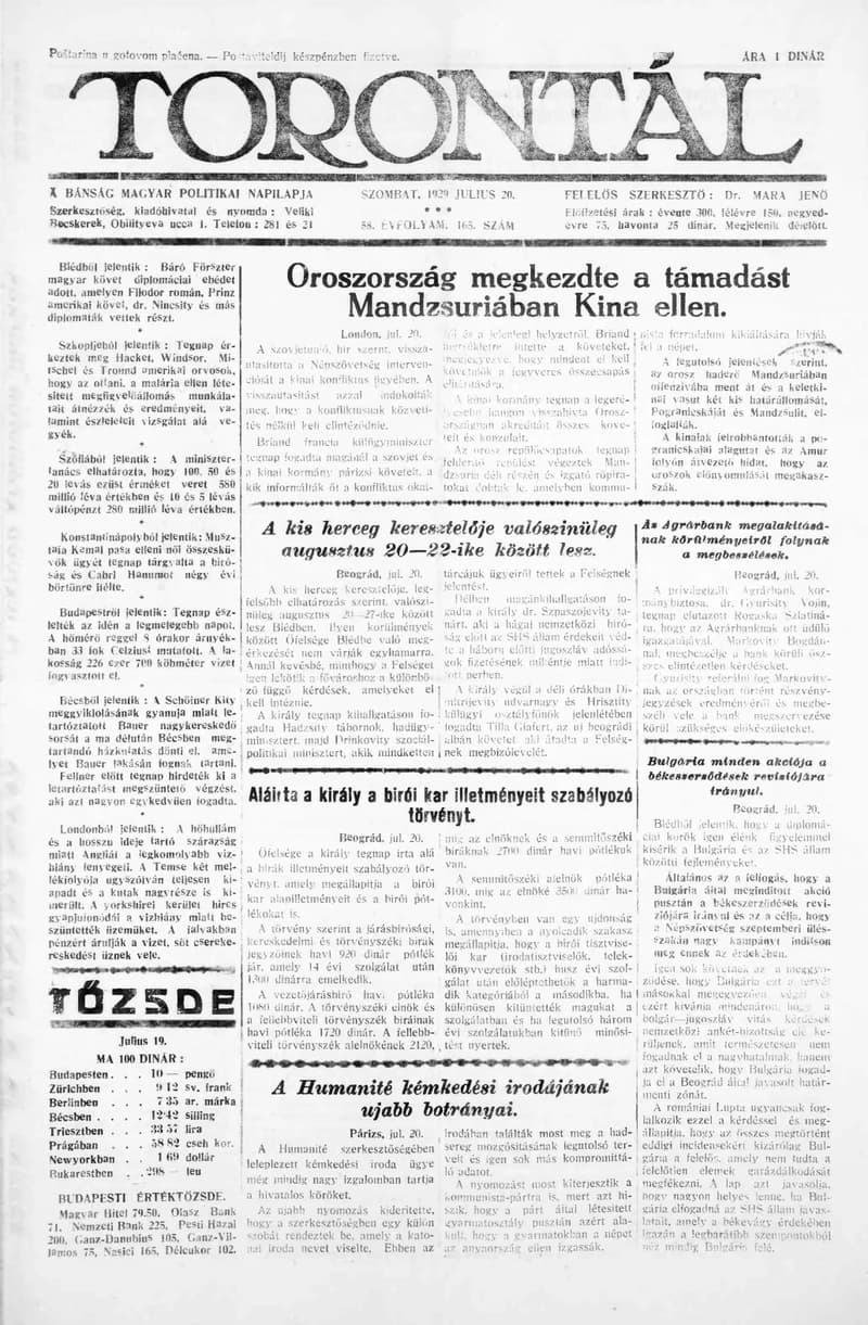 Torontál, 58. évf. 1929. július 20. 165. sz.