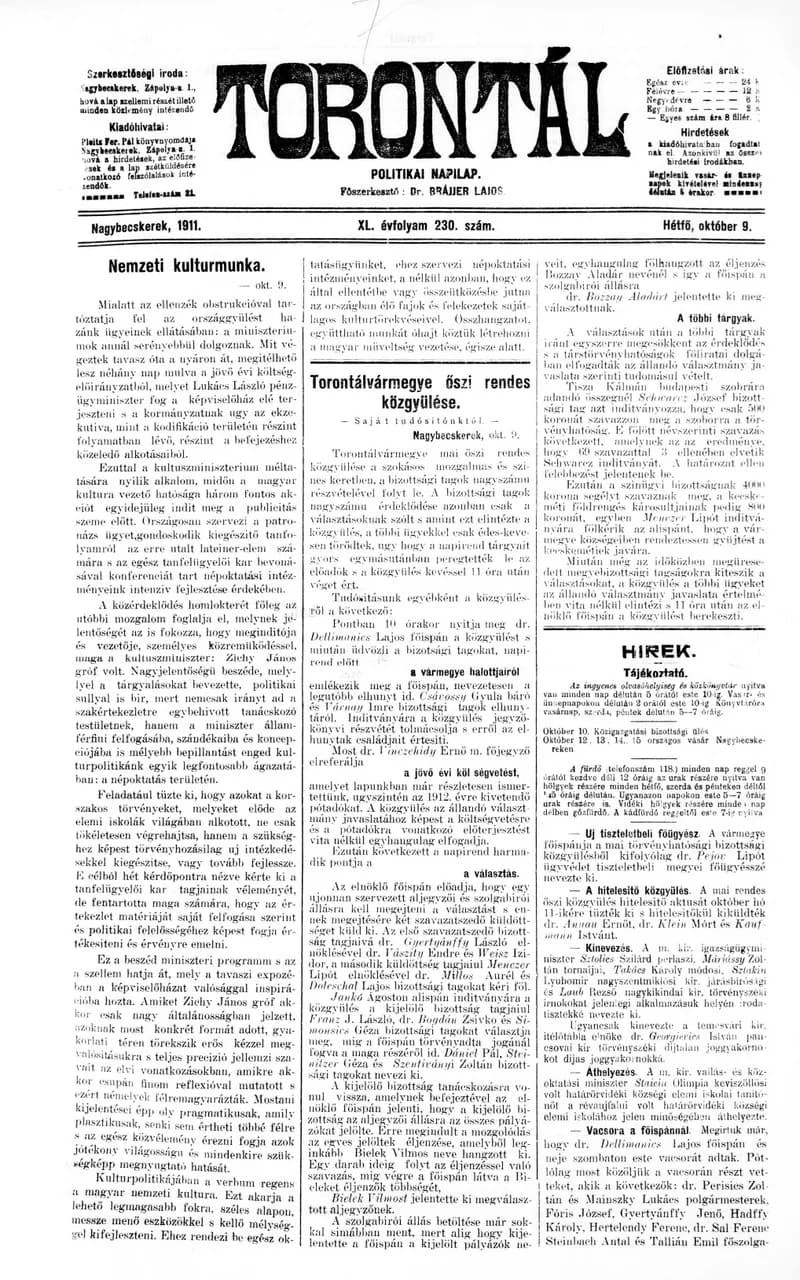Torontál, 40. évf. 1911. október 9. 230. sz.